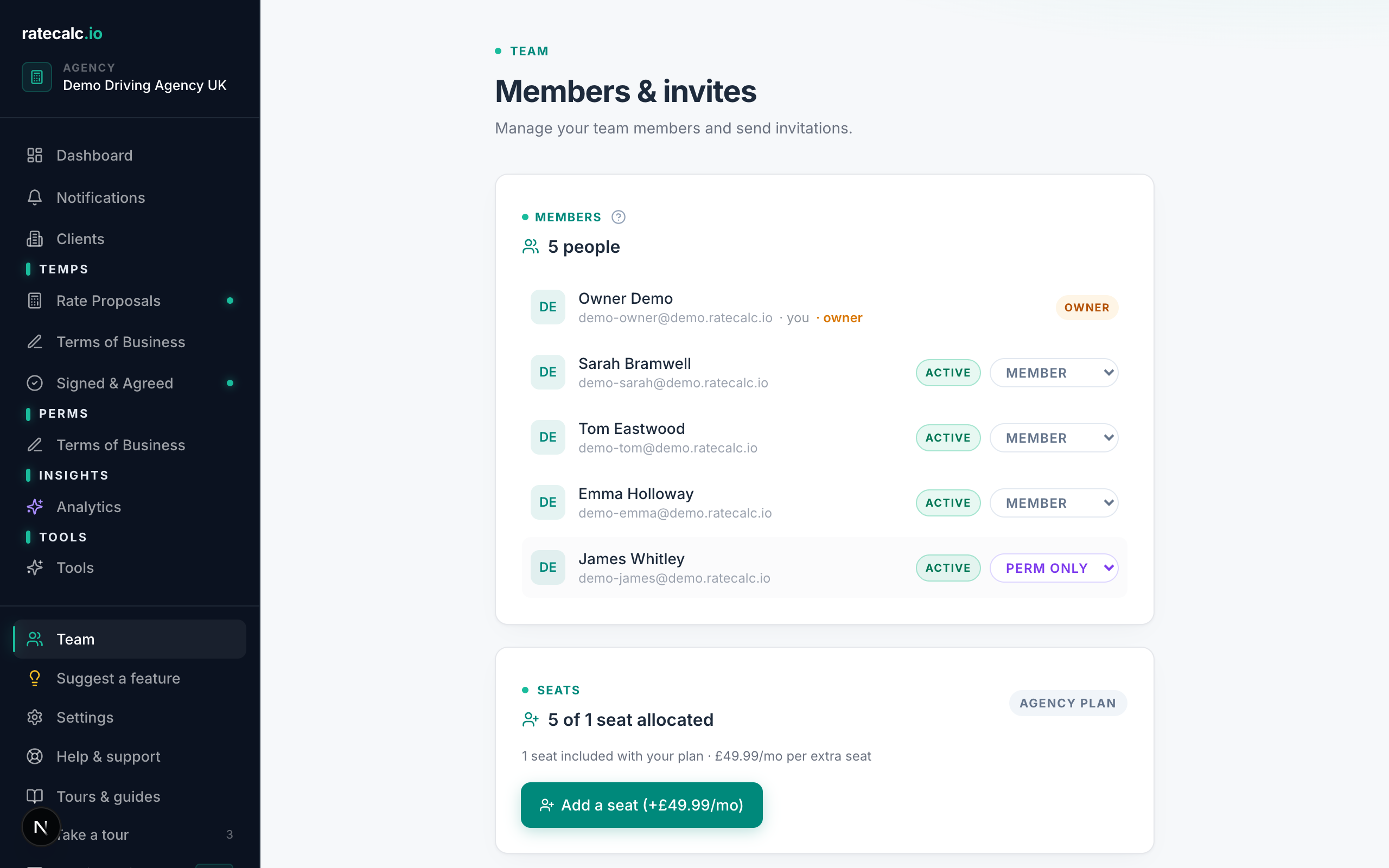Team page showing the list of consultants with name, email, role, seat status, and an Invite member button at the top right
