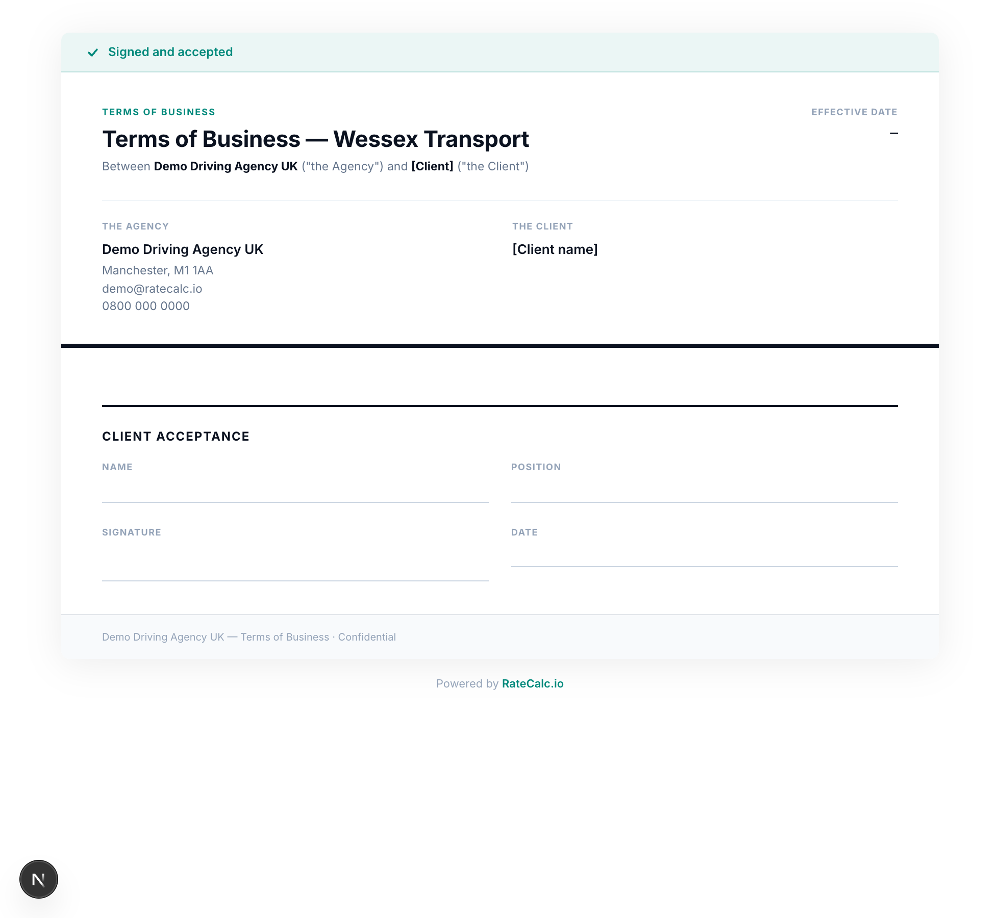 Client-facing Terms of Business page showing the document body with clauses, the signature pad at the bottom, and a Sign button