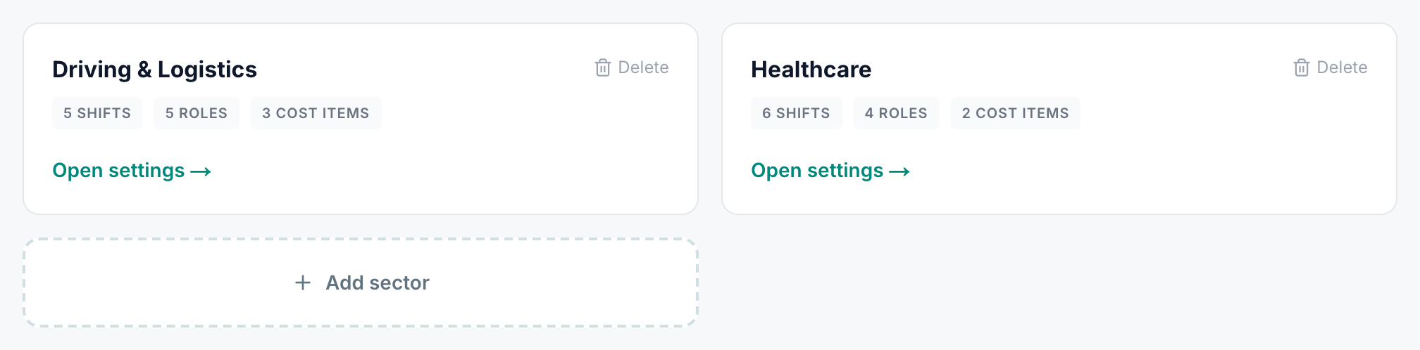 Settings page showing the Sectors tab with the Add sector button highlighted