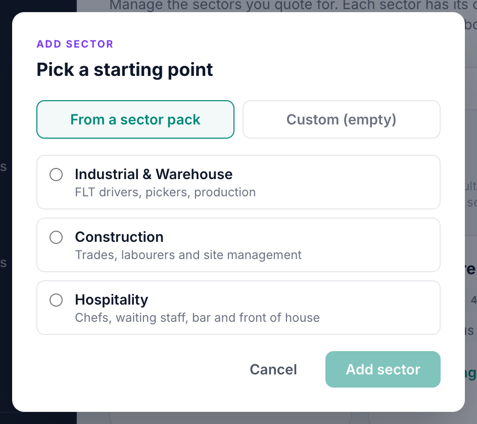 The Add sector modal showing the five built-in starter packs as radio options