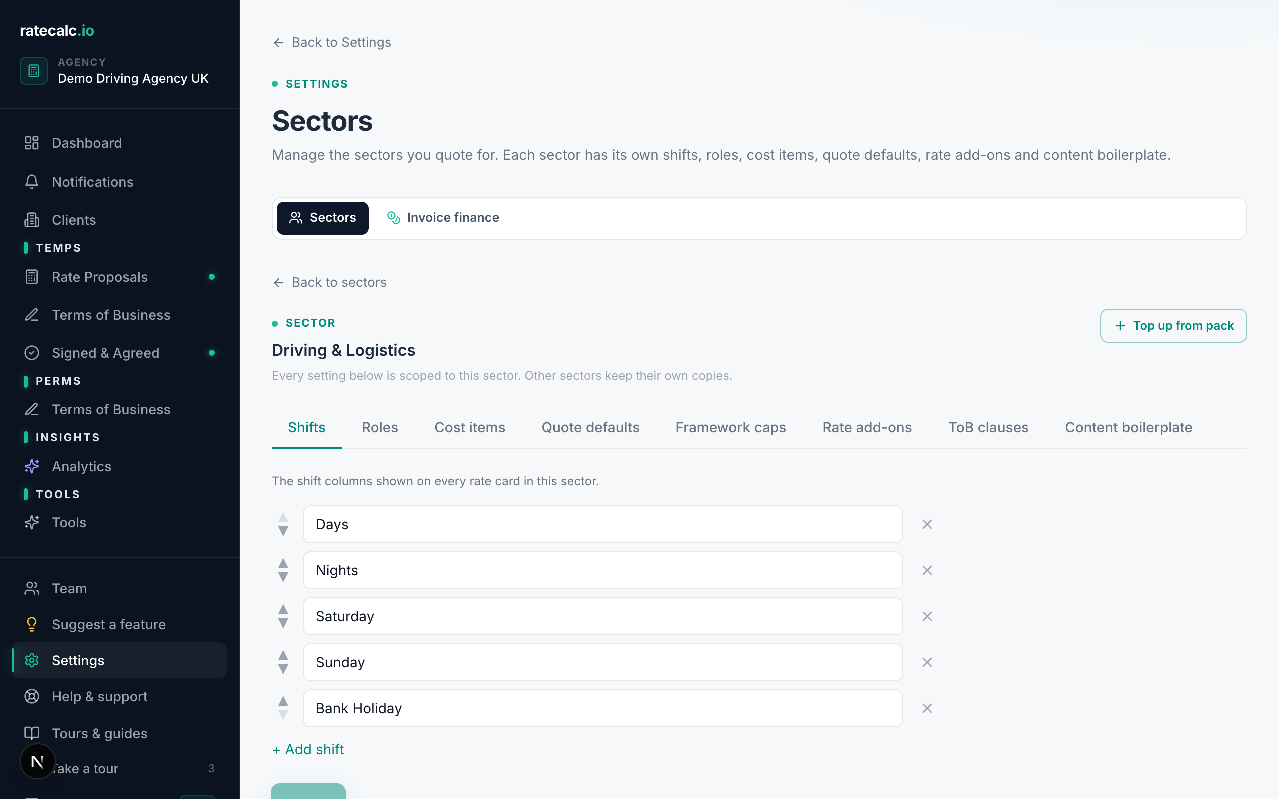 Sector detail view with the Roles tab open showing per-role pay rates per shift