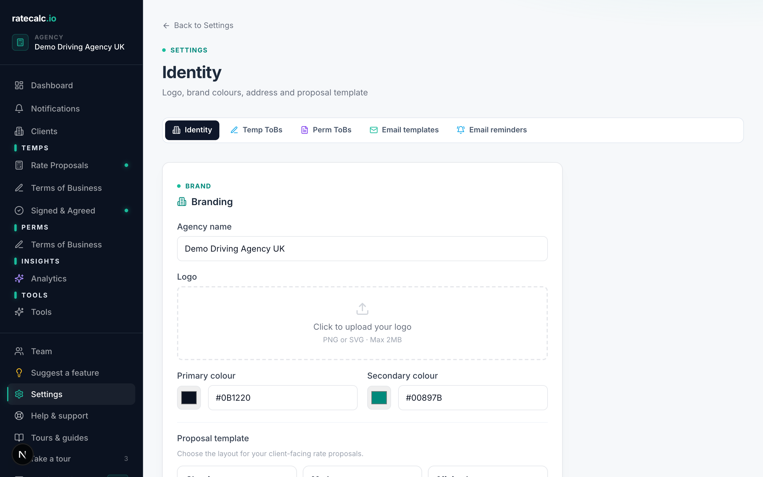 Settings Agency tab showing logo upload, primary colour, secondary colour and address fields