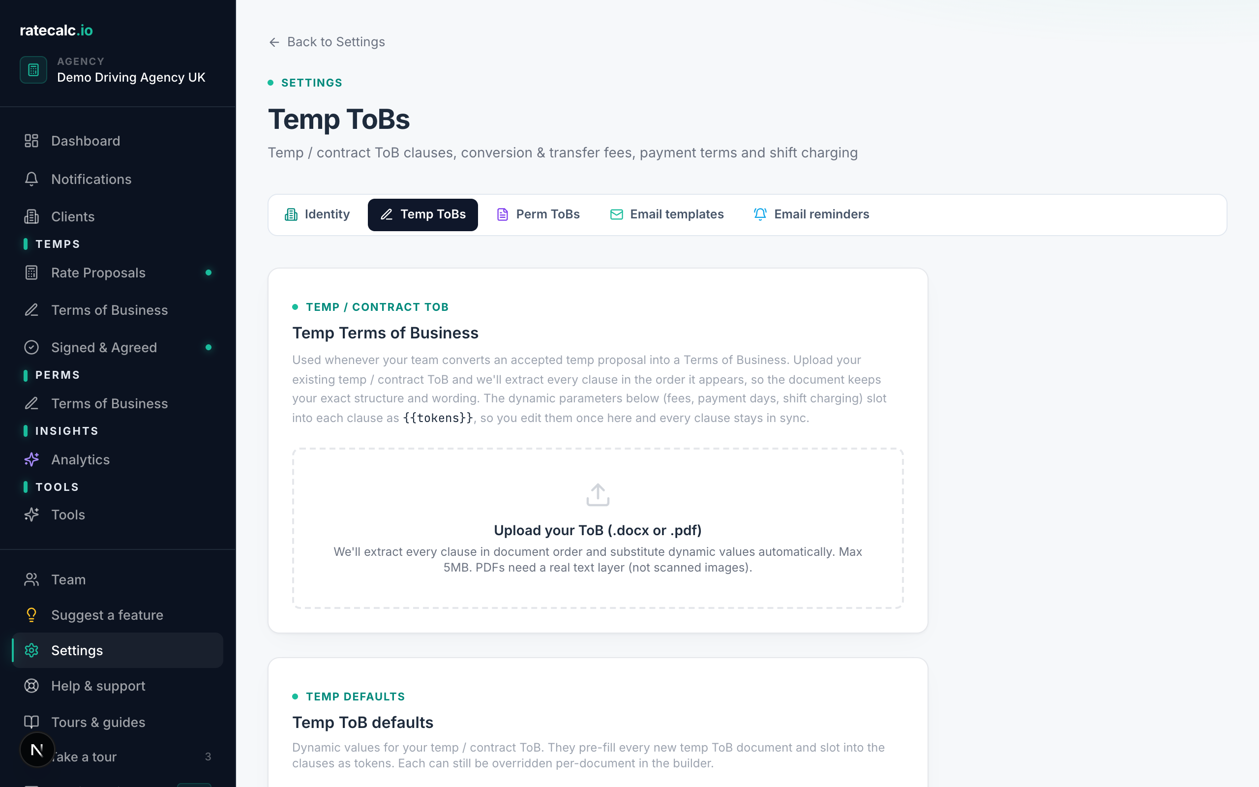 Terms of Business upload screen with a file drop zone and parsed clauses below