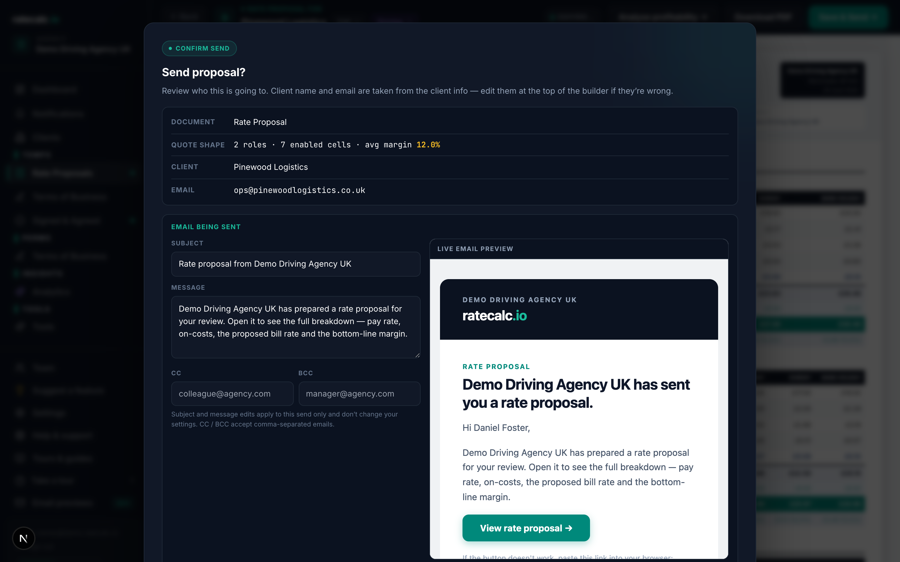 Send proposal modal with recipient email field and a send button