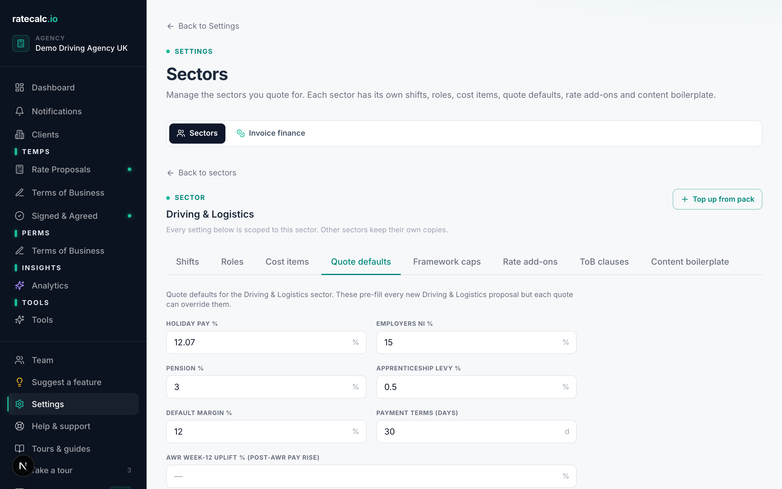 Quote defaults sub-tab in the sector detail view showing the Holiday / Employer NI / Pension / Levy / Margin / Payment days editable fields