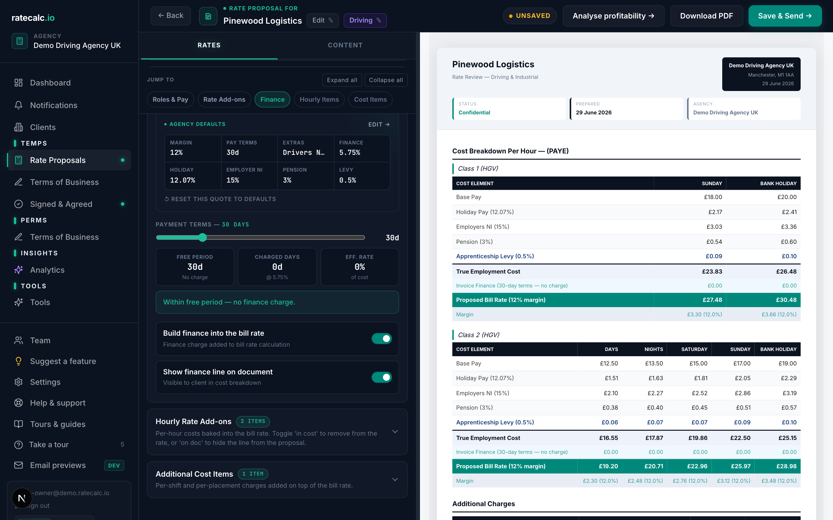 Finance Settings section expanded in the proposal builder showing override fields for holiday, NI, pension, levy and finance percentage plus payment terms