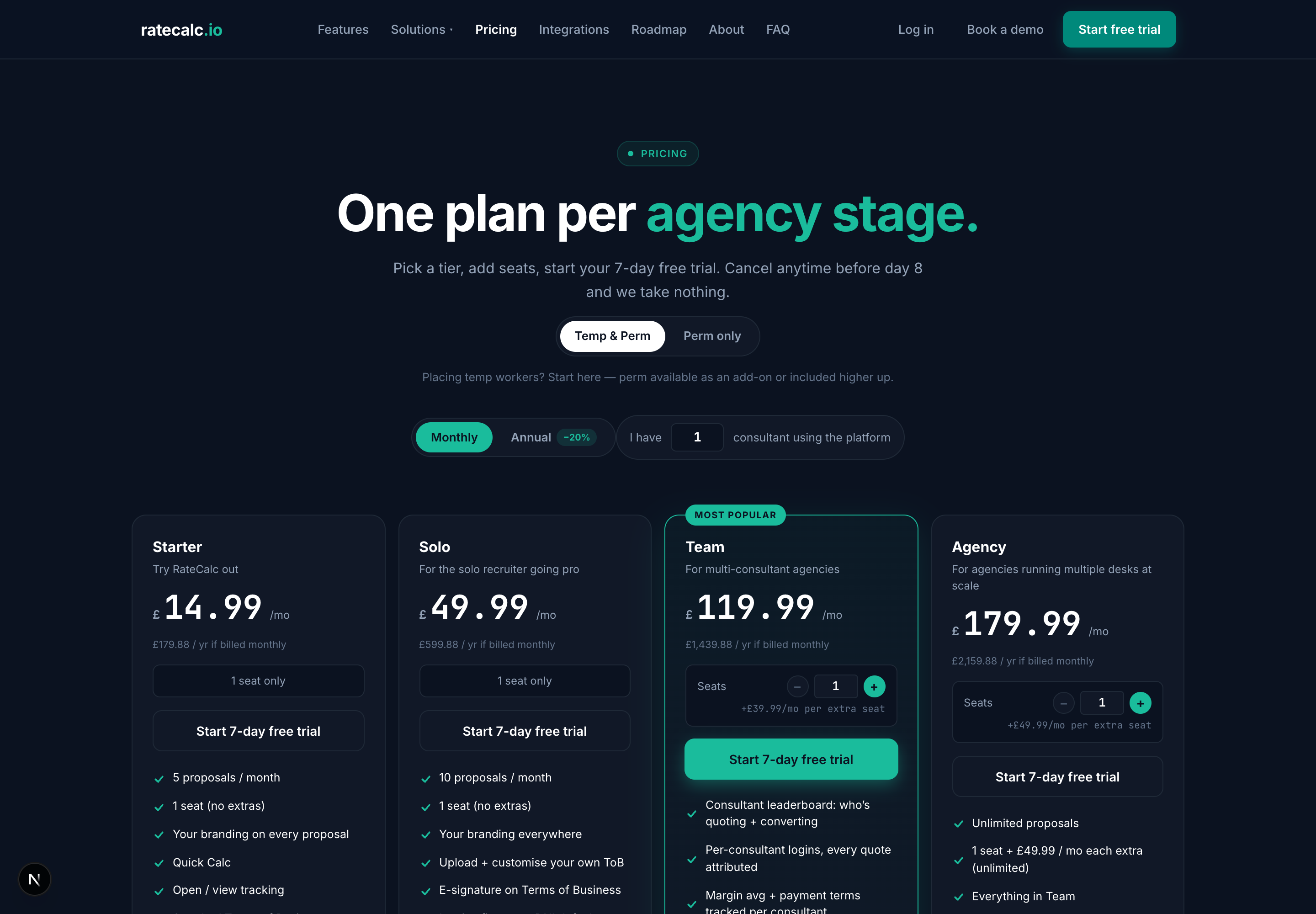 Pricing page showing four temp plan cards side by side (Starter, Solo, Team, Agency) with monthly prices and feature highlights, plus a billing-frequency toggle above