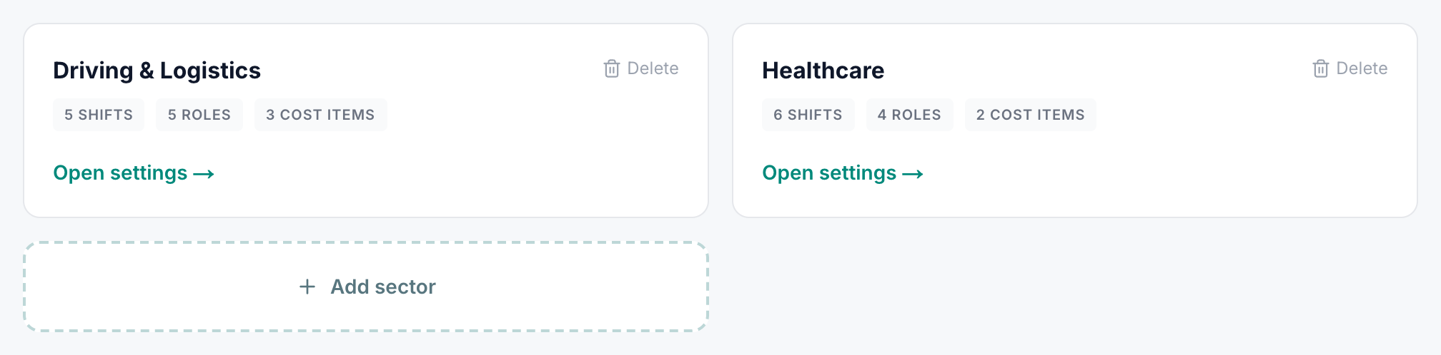Settings page showing two sectors as cards side by side (Driving & Logistics and Healthcare), each with shift / role / cost item counts and an Open settings link
