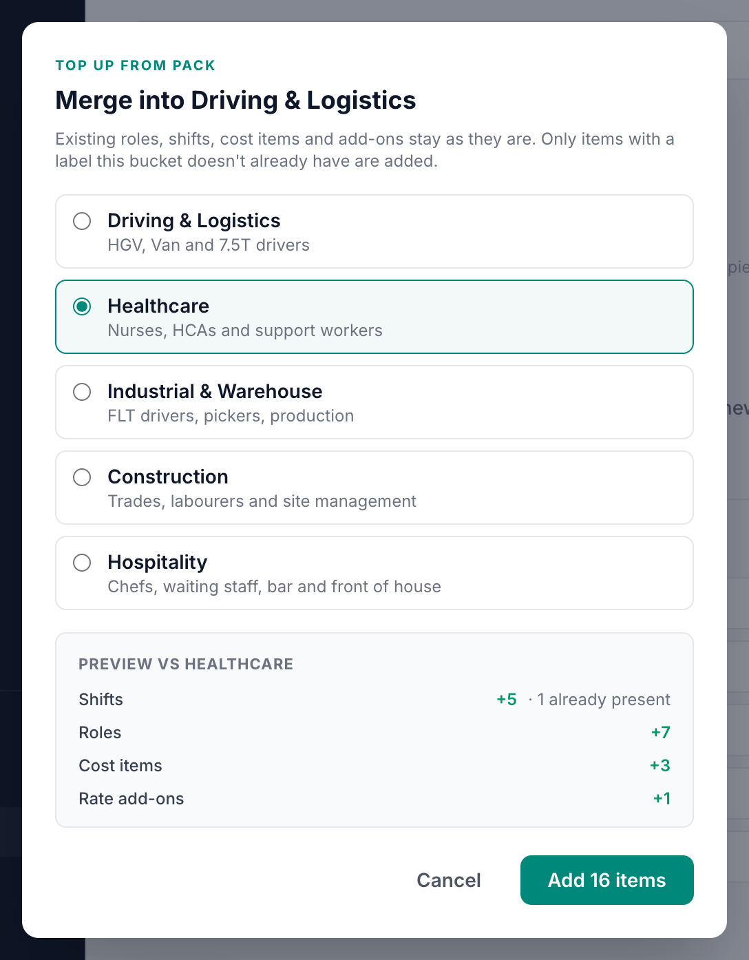 Top up from pack modal showing the diff preview: a list of pack options on the left and a Preview section showing shifts / roles / cost items / rate add-ons with +N added vs M already present