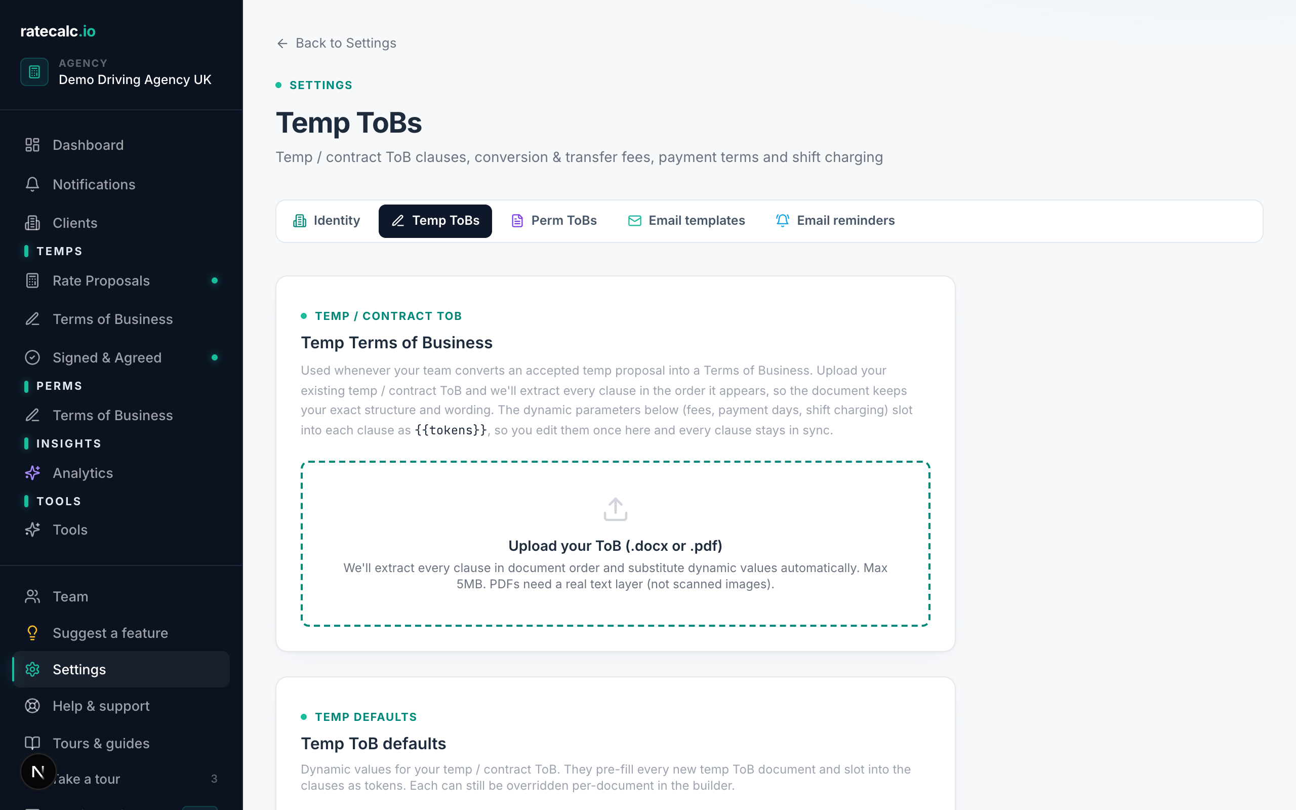 Settings Temp ToBs tab with a dashed drop zone labelled "Upload your ToB (.docx or .pdf)" and an explainer line below