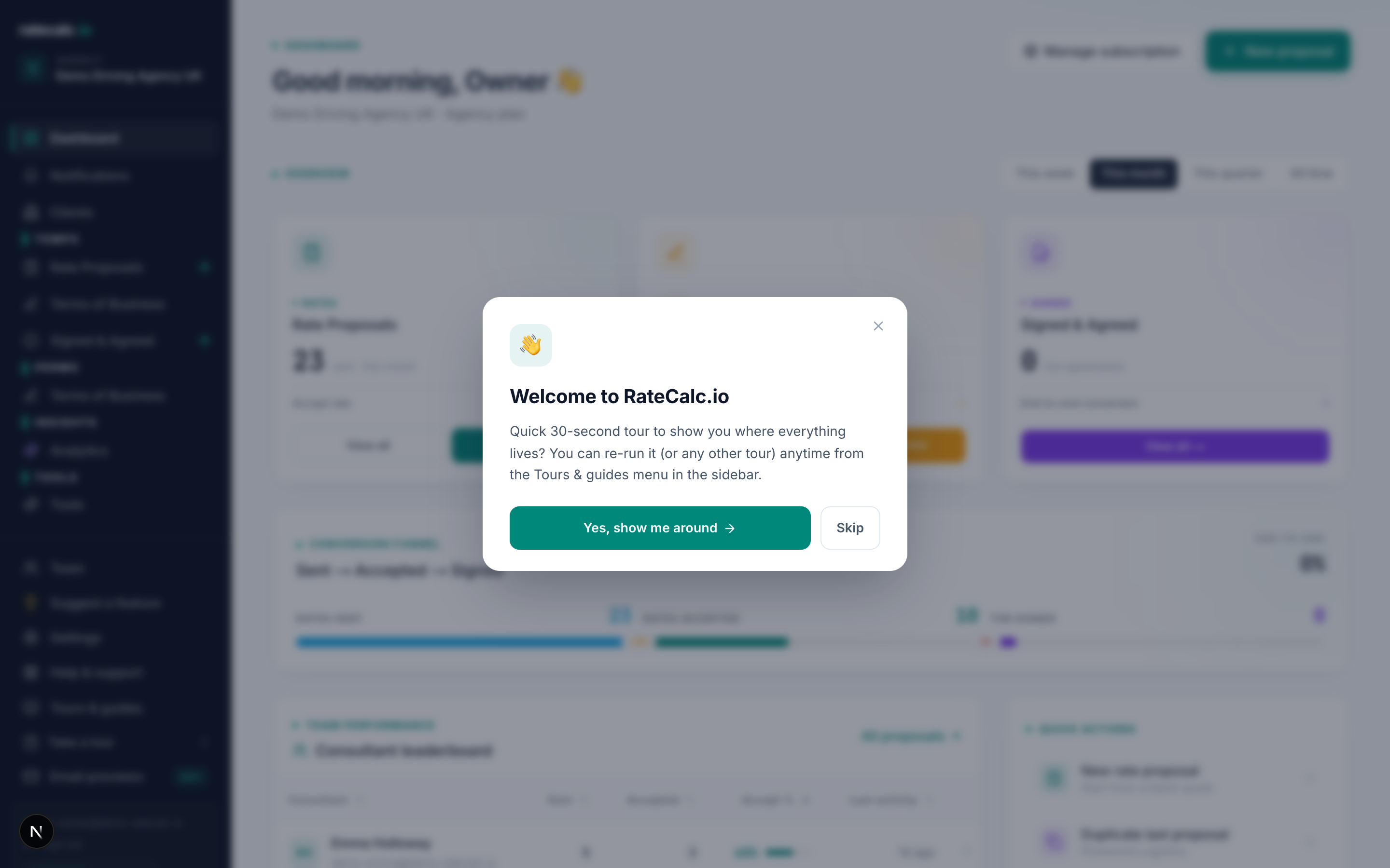 RateCalc.io agency dashboard showing the conversion funnel, monthly stats, recent activity feed and quick-action buttons
